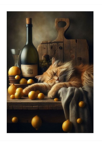 Şarap, Peynir Ve Kedi Modern Ahşap Tablo 25cmx 35cm