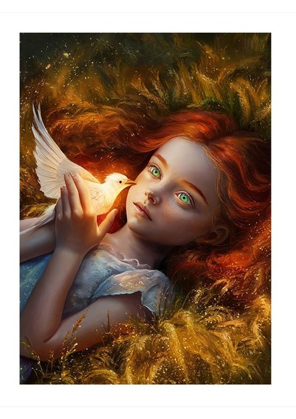 Kızıl Saçlı Kız Ve Beyaz Güvercin Modern Ahşap Tablo 25cmx 35cm