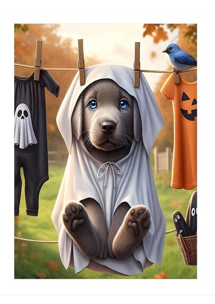 Çamaşır Askısında Sevimli Yavru Köpek Art Mdf Tablo 35cm X50cm
