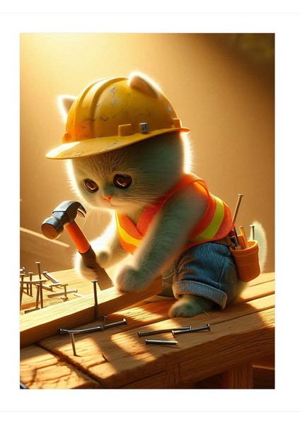 Çivi Çakan Sarı Baretli Inşaatçı Kedi Dekoratif Mdf Tablo 18cm X 27cm