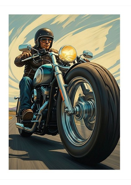 Motosiklet Üzerindeki Sürücü Art Mdf Poster 35cm X50cm