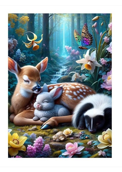 Uyuyan Yavru Hayvanlar Ve Orman Art Mdf Poster 18cm X 27cm