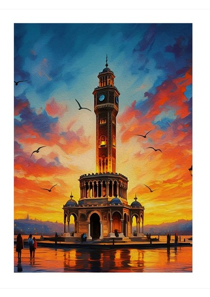 Izmir Saat Kulesi Gün Batımı Desenli Ahşap Tablo 35cm X50cm
