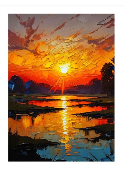 Göl Kenarında Gün Batımı Desenli Ahşap Tablo 25cmx 35cm
