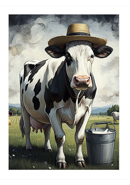 Kovboy Şapkalı Inek Modern Mdf Tablo 18cm X 27cm