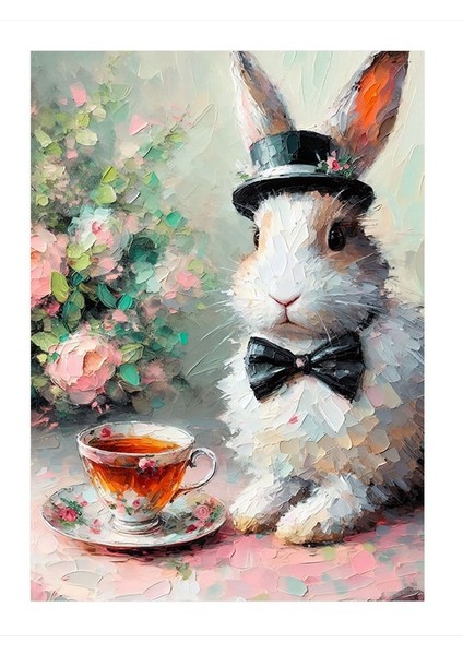 Şapkalı Çay Içen Tavşan Modern Ahşap Tablo 18cm X 27cm