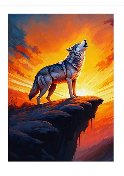 Gün Batımında Kurt Tasarım Ahşap Tablo 25cmx 35cm
