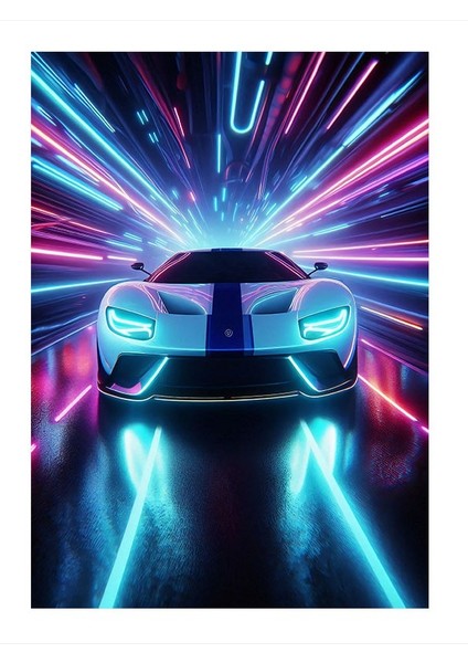 Neon Yarış Arabası Tasarım Ahşap Tablo 25cmx 35cm