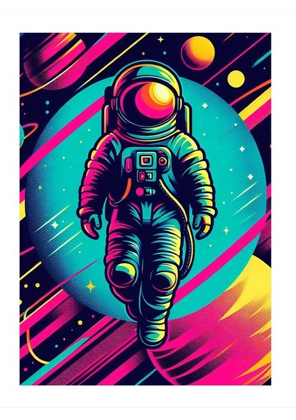 Neon Gece Astronotu Ahşap Tablo 35cm X50cm