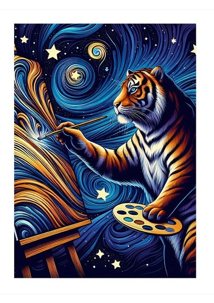 Yıldızlı Gece Kaplanı Model Ahşap Tablo 25cmx 35cm