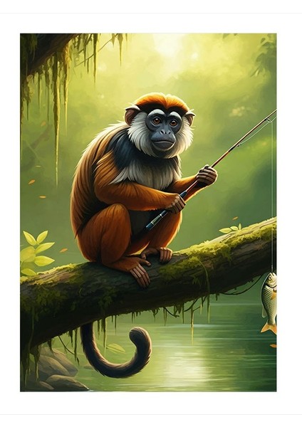 Balık Tutan Maymun Desenli Mdf Tablo 35cm X50cm