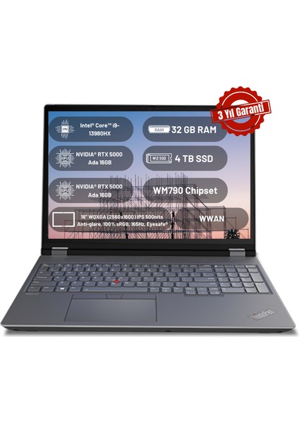 Thinkpad P16 Gen 2 Intel Core I9 13980HX 32GB 4tb SSD 16GB Nvıdıa RTX5000ADA WM970 Chipset 16" Wqxga 165Hz 500NITS Windows 11 Pro Taşınabilir Bilgisayar 21FA000BTX O3