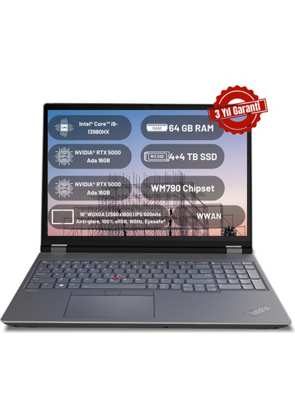 Thinkpad P16 Gen 2 Intel Core I9 13980HX 64GB 4tb+4tb SSD 16GB Nvıdıa RTX5000ADA WM970 Chipset 16" Wqxga 165Hz 500NITS Windows 11 Pro Taşınabilir Bilgisayar 21FA000BTX O8