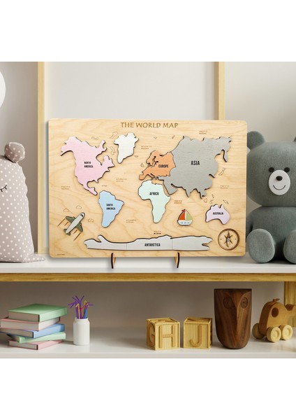 Dünya Haritası Bulmacası, Montessori Eğitici Ahşap Oyuncak Puzzle, Okul Öncesi Eğitim Materyali