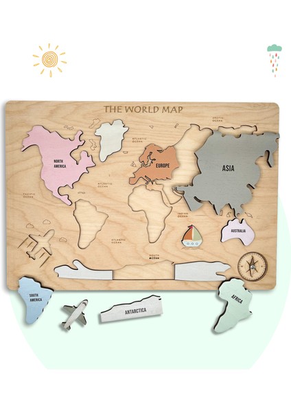 Dünya Haritası Bulmacası, Montessori Eğitici Ahşap Oyuncak Puzzle, Okul Öncesi Eğitim Materyali