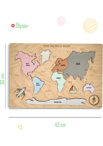 Dünya Haritası Bulmacası, Montessori Eğitici Ahşap Oyuncak Puzzle, Okul Öncesi Eğitim Materyali