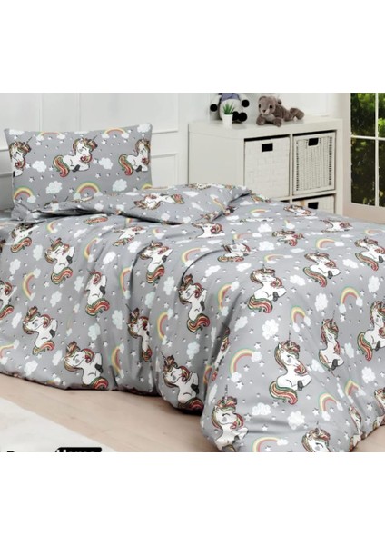 Gri Unicorn Pamuklu Lastikli Çarşaflı (Fitted) Tek Kişilik Nevresim Takımı