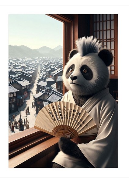 Yelpazeli Panda Ve Uzak Doğu Ahşap Tablo 25cmx 35cm