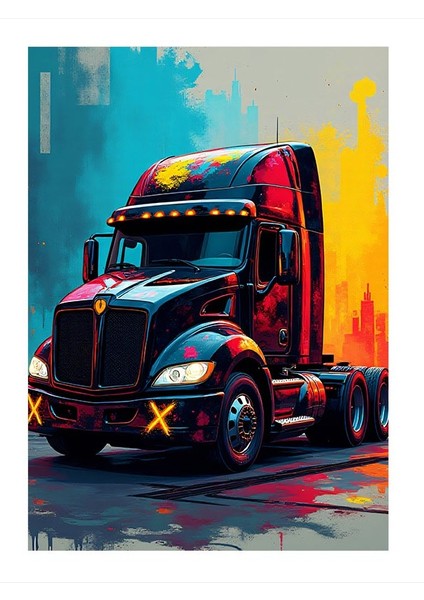 Renkli Kamyon Çizimi Art Mdf Poster 25cmx 35cm