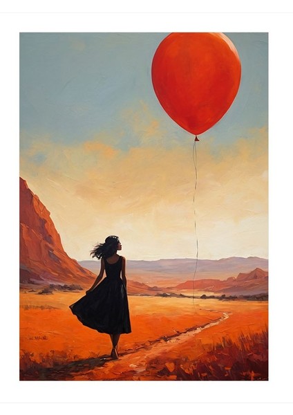 Kırmızı Uçan Balon Ve Kadın Art Mdf Tablo 25cmx 35cm