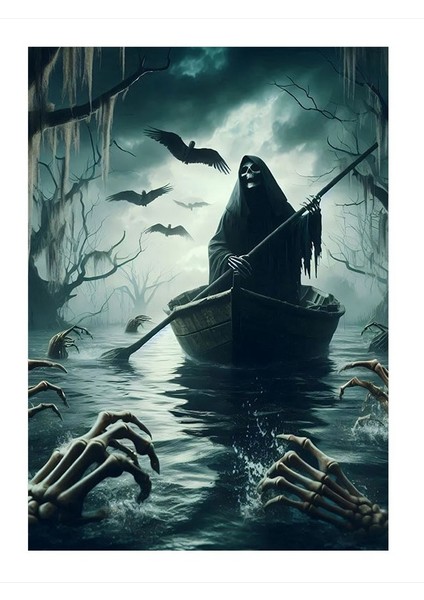 Issız Gölde Kürek Çeken Kurukafa Ve Kargalar Mdf Poster 18cm X 27cm