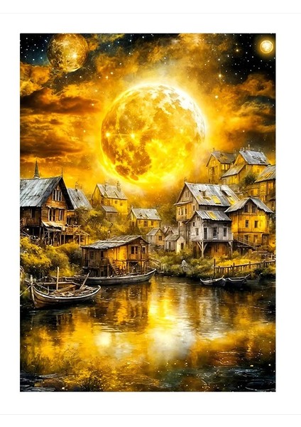 Ay Işığında Köy Manzarası Dekoratif Ahşap Tablo 35cm X50cm