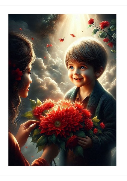 Kırmızı Çiçek Veren Çocuk Ve Kadı Mdf Poster 25cmx 35cm