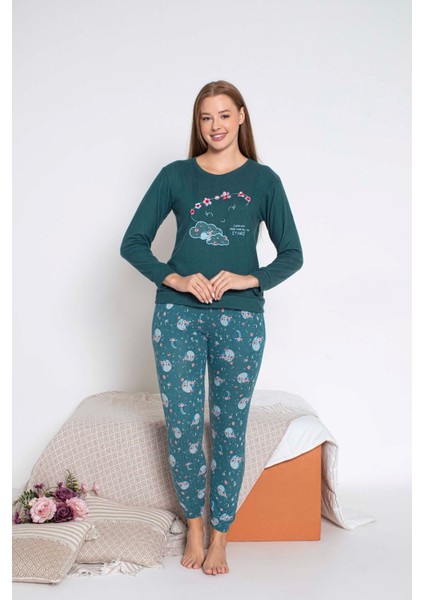 Kadın Bisiklet Yaka Düğmesiz Kışlık Termal Cepli Bilek Manşetli Jogger Uzun Kol Pijama Takımı