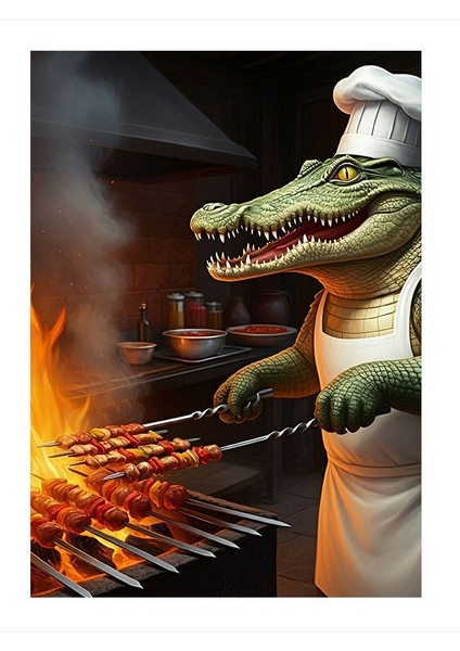 Kebap Yaparken Timsah Aşçı Art Mdf Tablo 35cm X50cm