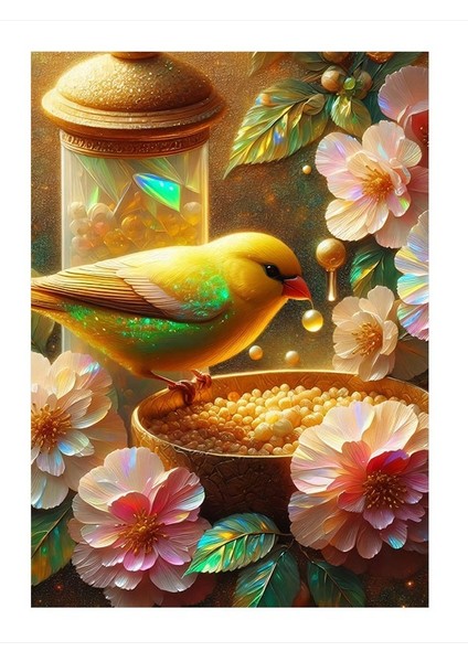 Çiçekler Ve Mısır Yiyen Kuş Desenli Mdf Tablo 35cm X50cm