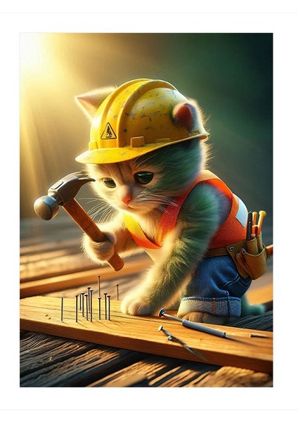 Çivi Çakan Inşaatçı Kedi Desenli Mdf Tablo 25cmx 35cm