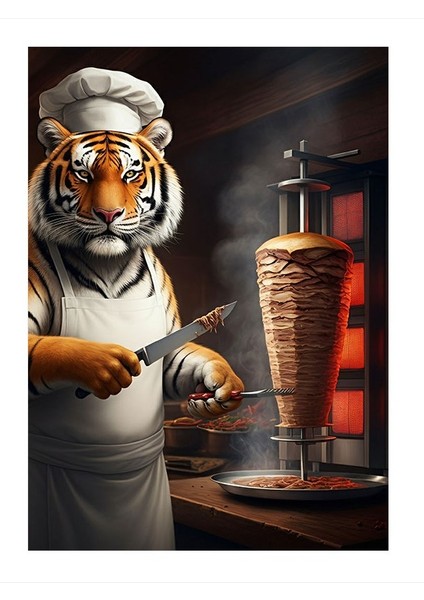 Döner Yaparken Kaplan Tasarım Ahşap Tablo 18cm X 27cm