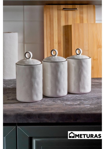 Modern Mutfak Silikon Vakum Kapaklı Porselen Baharatlık Seti 3 Lü- 800 ml