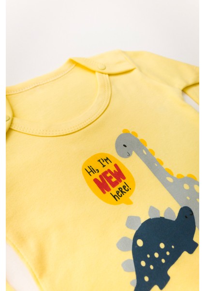 Unisex Bebek %100 Pamuk Dinozor Baskılı Sarı Zıbın Takım fiyatları