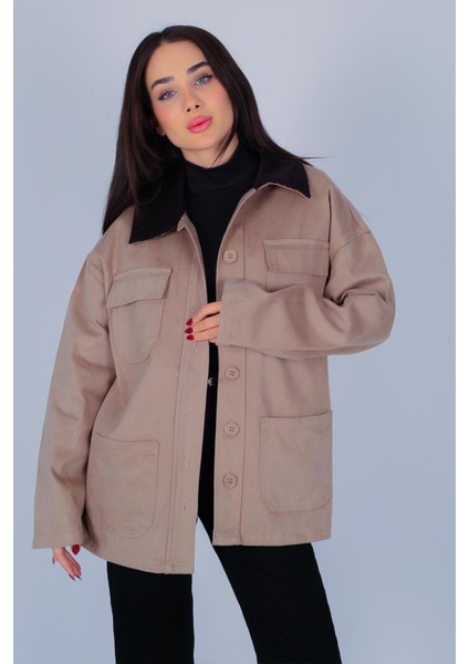 Kadın Vizon Yakası Kadife Detaylı Gabardin Ceket