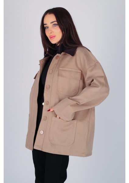 Kadın Vizon Yakası Kadife Detaylı Gabardin Ceket modelleri