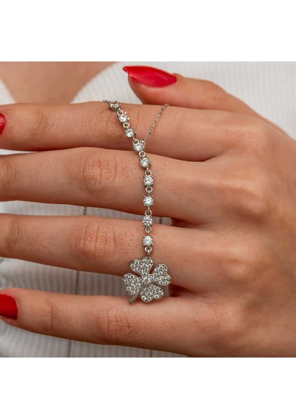 Gümüş Sıralı Zirkon Taşlı Yonca Kadın Kolye