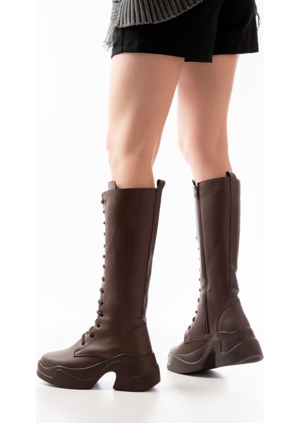 Kahverengi Yüksek Tabanlı Bağcıklı Fermuarlı Günlük Kadın ÇIZMEFZ-2450BAYAN Çizme fırsatları