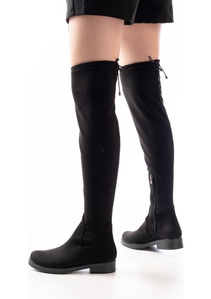 Streç Siyah Süet Diz Üstü Fermuarlı Günlük Kadın ÇIZME-165BAYAN Çizme