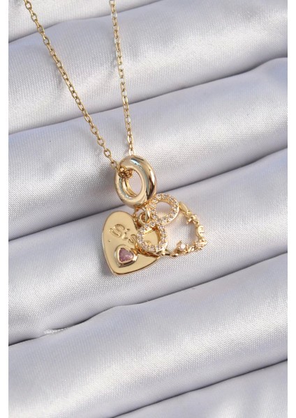 Populermarketim - 316L Çelik Gold Renk Zirkon Taşlı Sonsuzluk Kalp Figür Charm Model Kadın Kolye