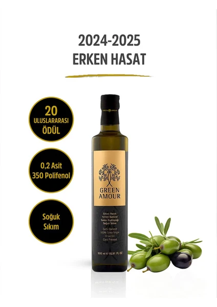 Green Amour Erken Hasat %100 Natürel Sızma Zeytinyağı Soğuk Sıkım Polifenol Değeri Yüksek 500 ml