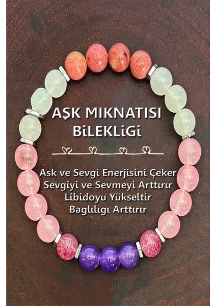 Sertifikalı Doğal Taş Aşk ve Çekim Bilekliği 8 mm ( Ametist - Çilek Kuvars - Pembe Kuvars -Ay Taşı - Rodonit )