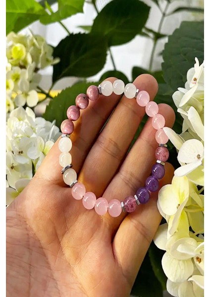 Sertifikalı Doğal Taş Aşk ve Çekim Bilekliği 8 mm ( Ametist - Çilek Kuvars - Pembe Kuvars -Ay Taşı - Rodonit )
