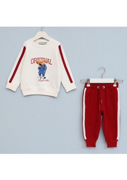 Erkek Çocuk Ayıcık Desenli Sweat Takım - 11577 - Vanilya - Bordo