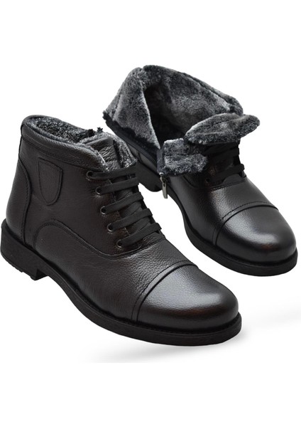 TAB3407 Içi Kürklü Hakiki Deri Erkek Bot Ayakkabı Ortopedik Taban Fermuarlı Deri Erkek Bot