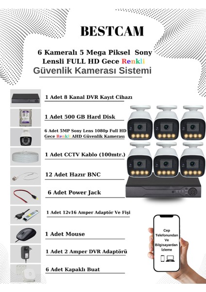 6 Kameralı Set 5 Mega Piksel Sony Lensli Full Hd Gece Görüşü Renkli Güvenlik Kamera Seti 500 Gb Hdd
