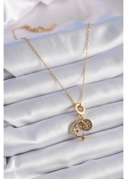 Populermarketim - 316L Çelik Gold Renk Zirkon Taşlı Ay Yıldız Model Charm Model Kadın Kolye