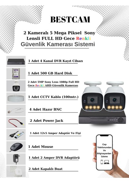 2 Kameralı Set 5 Mega Piksel Sony Lensli Full Hd Gece Görüşü Renkli Güvenlik Kamera Seti 500 Gb Hdd