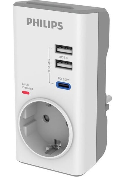 Phılıps CHP8010W Tekli Akım Koruma Priz, 380J, 2x Usb-A Out, 1x Usb-C Out (Pd - Qc 3.0) Beyaz