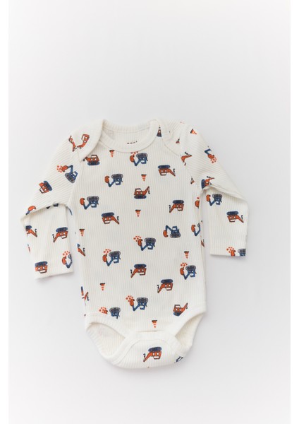 Unisex Bebek Organik Iş Makinesi Desenli Beyaz Fitilli Zıbın Takım fiyatları